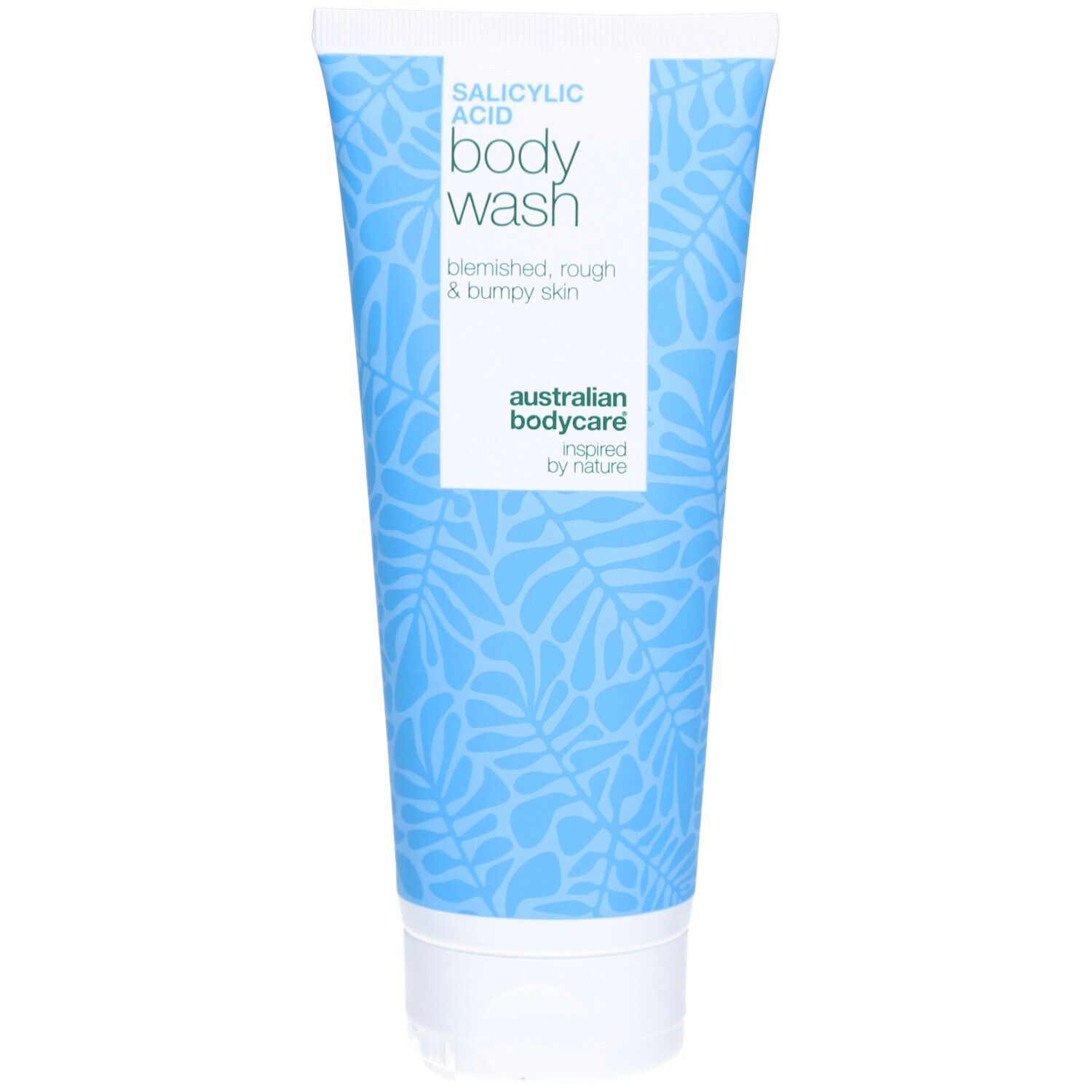 Lichtblauwe tube body wash met salicylzuur voor onzuivere, ruwe en bobbelige huid. Bladpatroon.