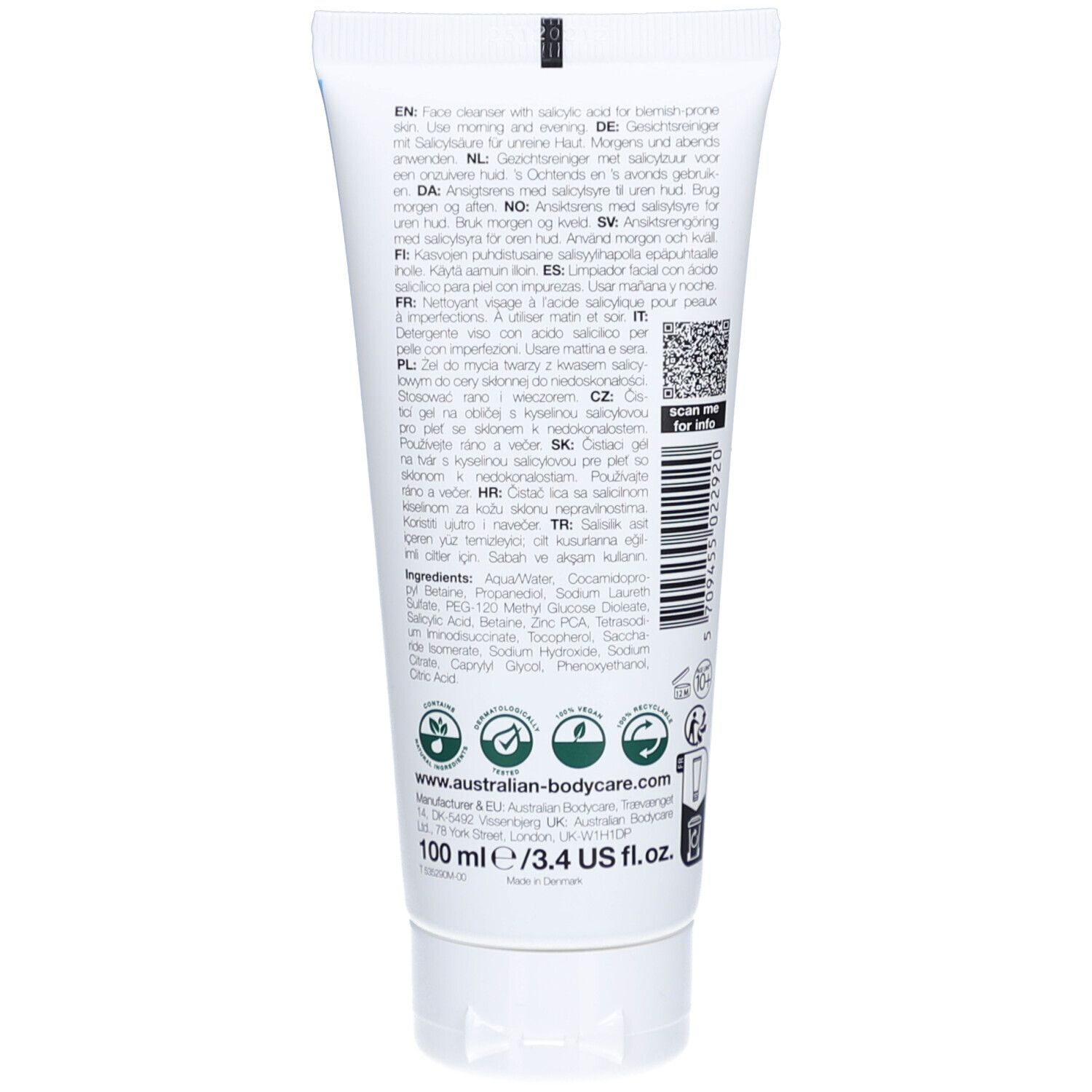 Tube blanc de nettoyant visage à l'acide salicylique pour peaux à imperfections, 100 ml.
