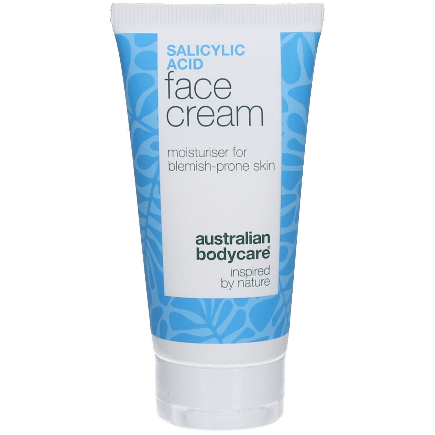 Tube gezichtscrème met blauw patroon. Opschrift: Salicylic Acid Face Cream. Hydraterend voor de onzuivere huid. Merk: Australian Bodycare.