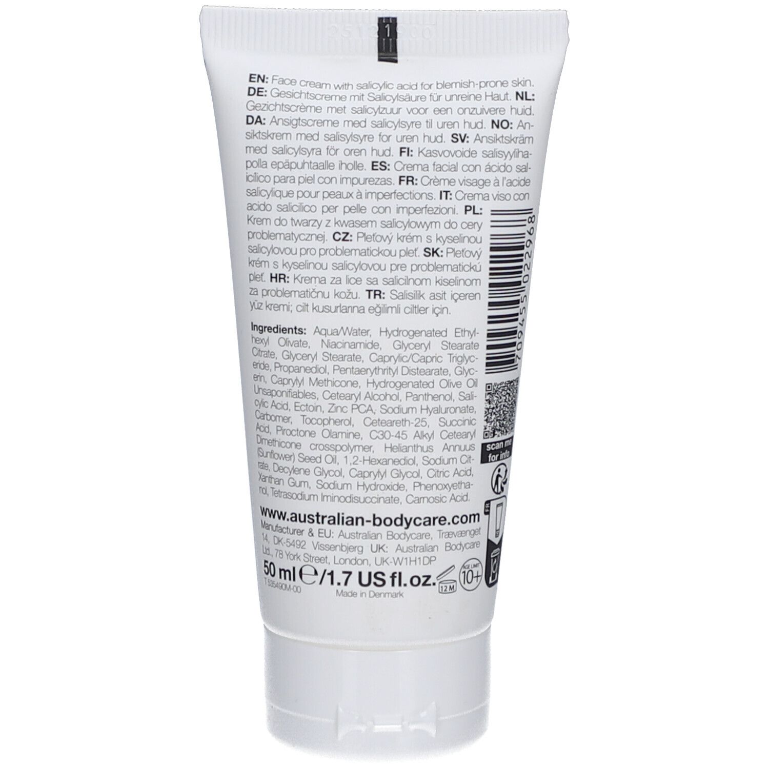 Achterkant van de tube gezichtscrème. Tekst met ingrediënten en instructies in meerdere talen. Merk: Australian Bodycare.