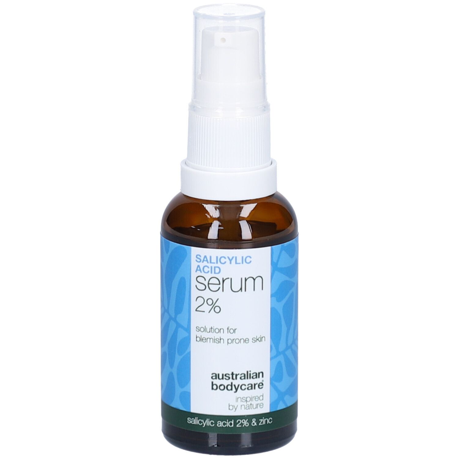 Bruine fles met witte spraykop. Label met tekst: Salicylzuur Serum 2%. Merk: Australian Bodycare.