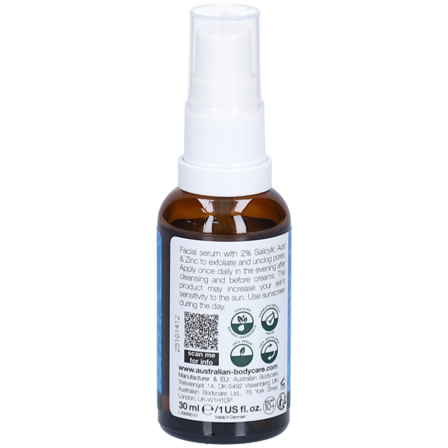 Bruine fles met witte spraykop. Label met tekst en logo's. Merk: Australian Bodycare.