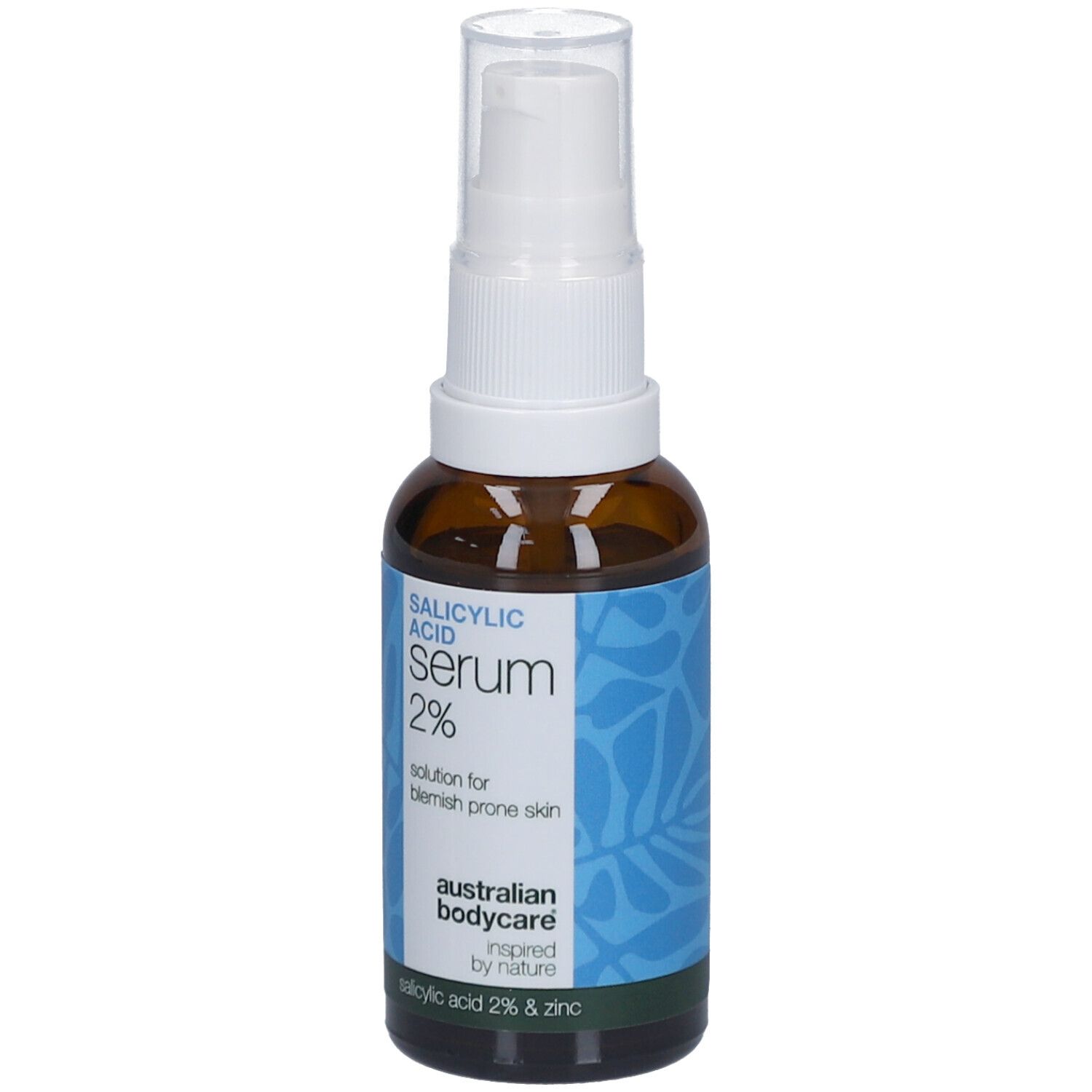 Bruine fles met witte spraykop. Label met tekst: Salicylzuur Serum 2%. Merk: Australian Bodycare.