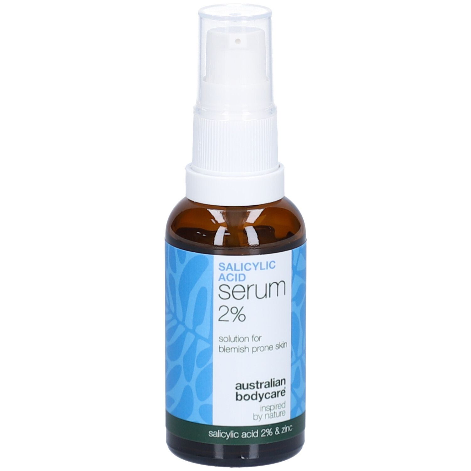 Bruine fles met witte spraykop. Label met tekst: Salicylzuur Serum 2%. Merk: Australian Bodycare.