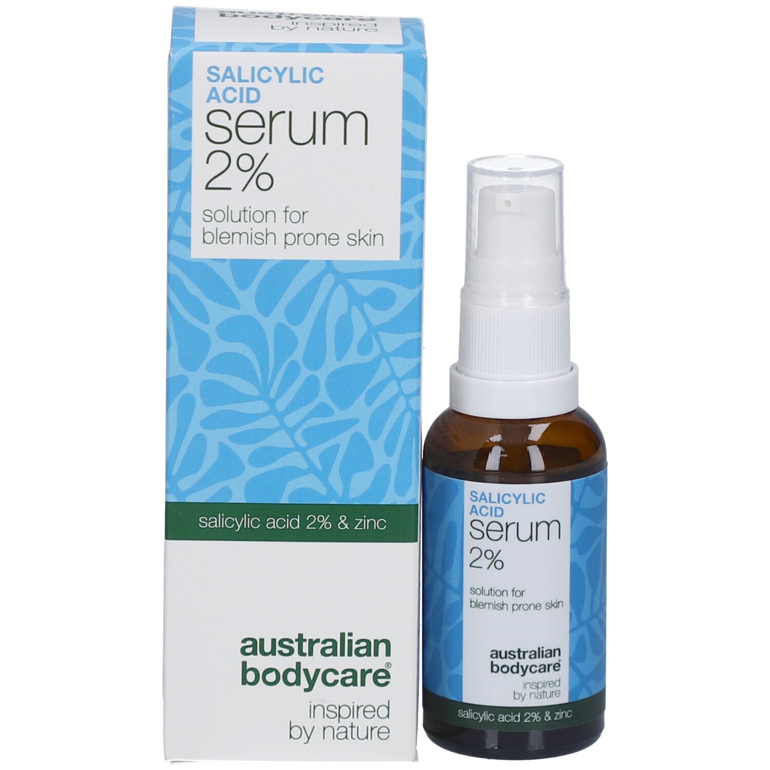 Productverpakking met fles. Tekst: Salicylzuur Serum 2%. Merk: Australian Bodycare.