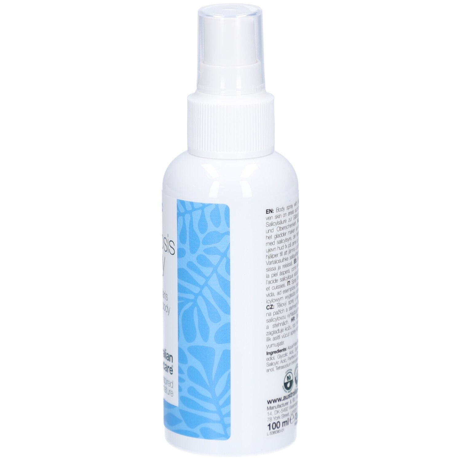 Flacon spray blanc. Texte : Acide salicylique, Keratosis Spray, Keratosis Pilaris. Inscription : 100 ml / 3.4 US fl. oz.