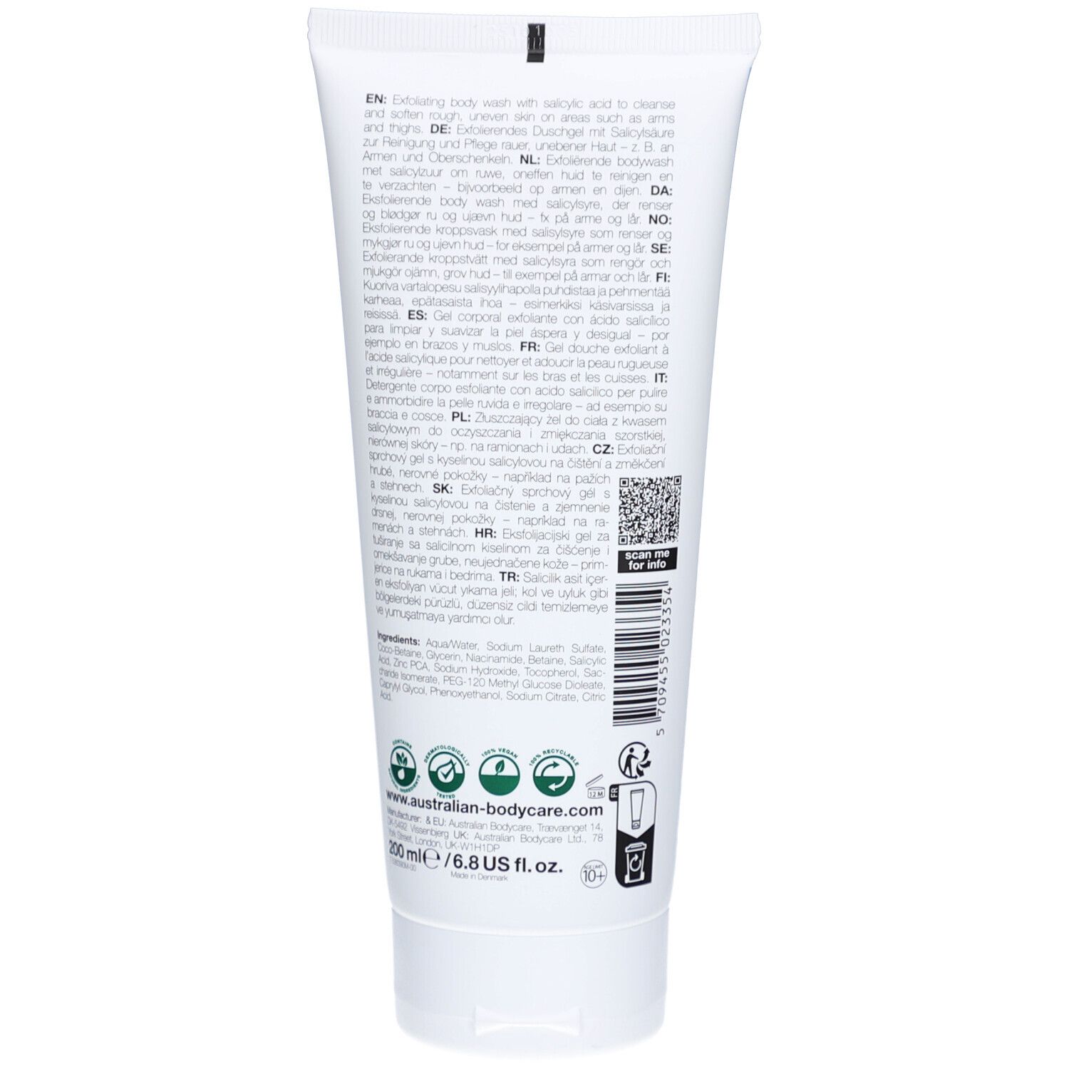 Tube blanc de gel douche exfoliant à l'acide salicylique. 200 ml.