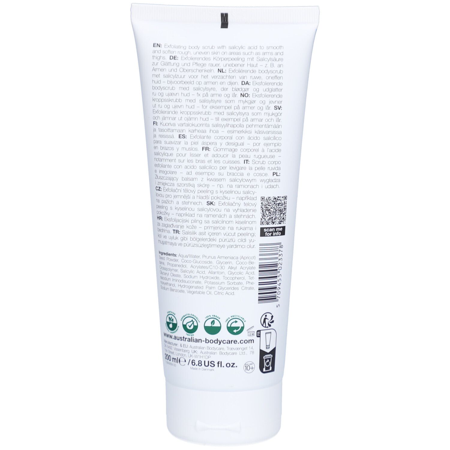 Tube blanc avec bouchon à vis noir, dos avec informations produit et code-barres.