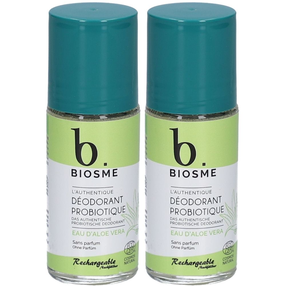 Deux déodorants roll-on avec bouchons verts. Inscription: BIOSME, déodorant probiotique, eau d'aloe vera, sans parfum.