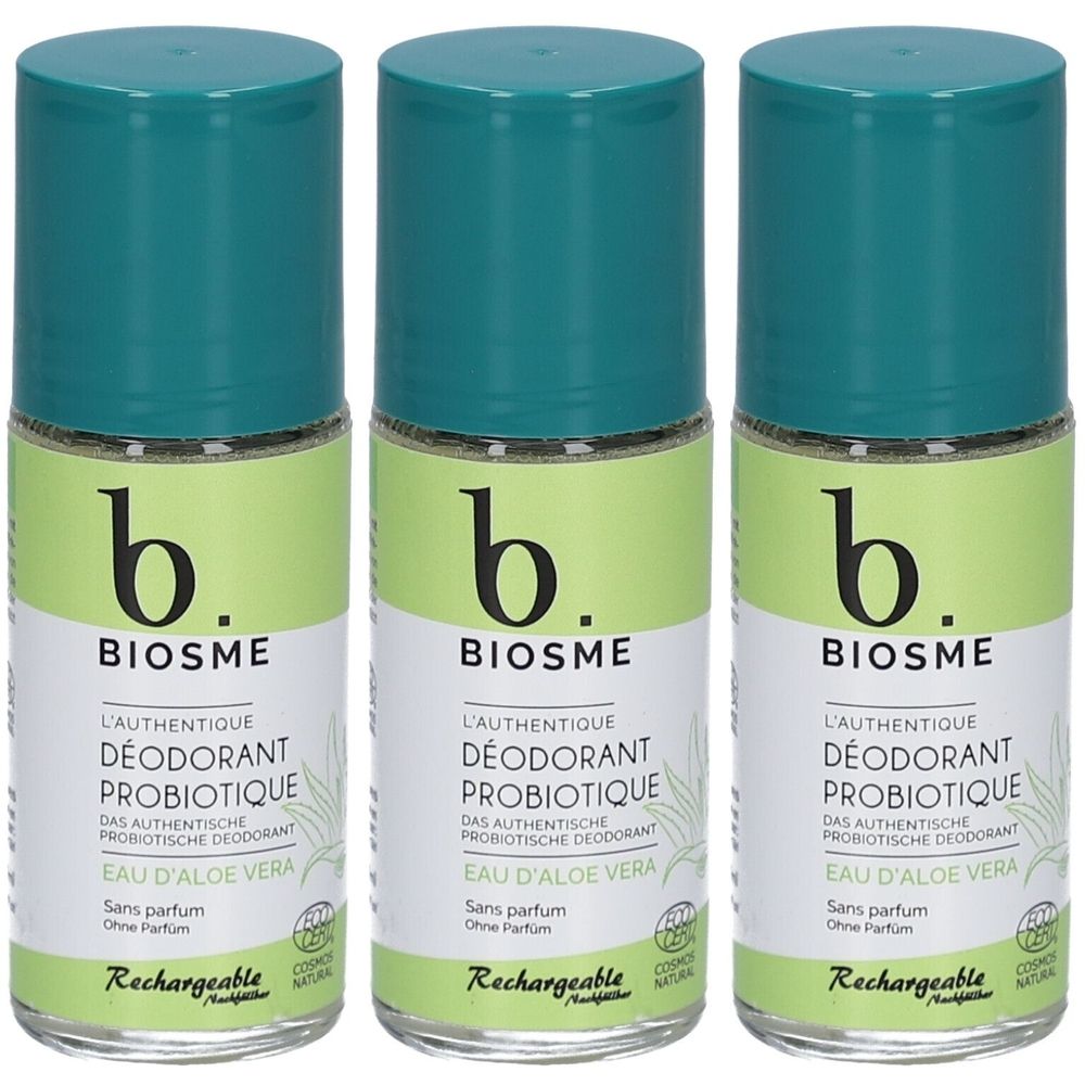 Trois déodorants roll-on avec des bouchons verts. Les étiquettes indiquent "BIOSME", "L'AUTHENTIQUE DÉODORANT PROBIOTIQUE" et "EAU D'ALOE VERA".