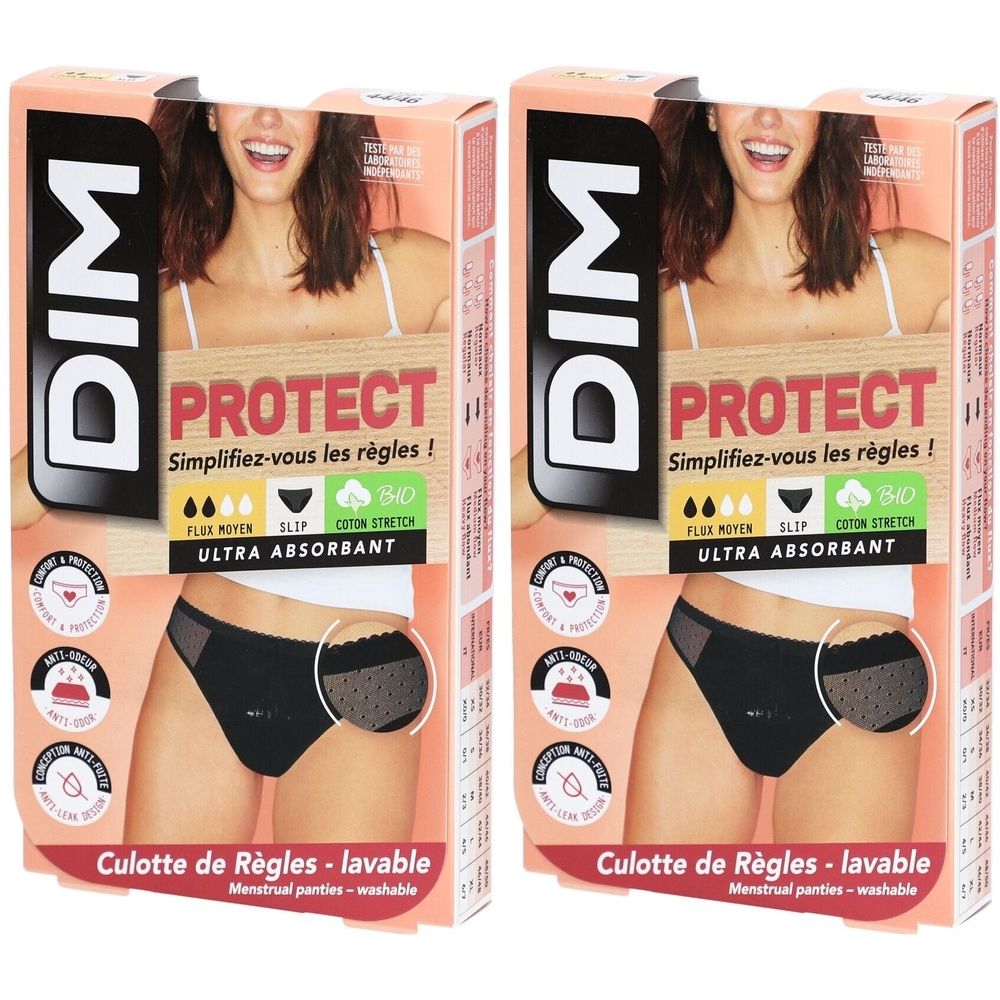 Deux boîtes de DIM Protect. Culotte menstruelle noire visible. Texte: Ultra absorbant, lavable. Bio.