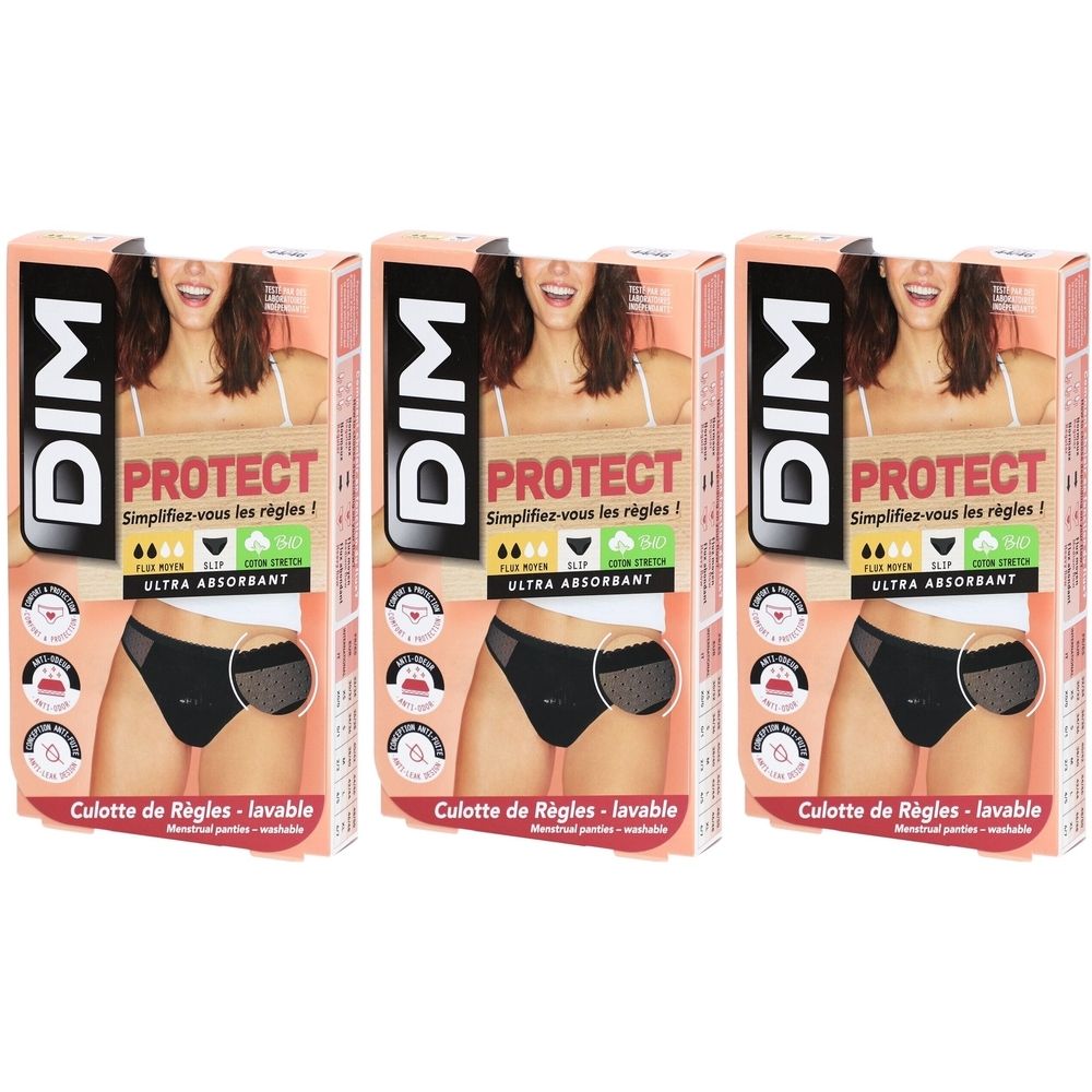 Trois boîtes de sous-vêtements menstruels DIM Protect. Culotte noire illustrée sur l'emballage. Texte: PROTECT, ULTRA ABSORBANT, Culotte de Règles - lavable.