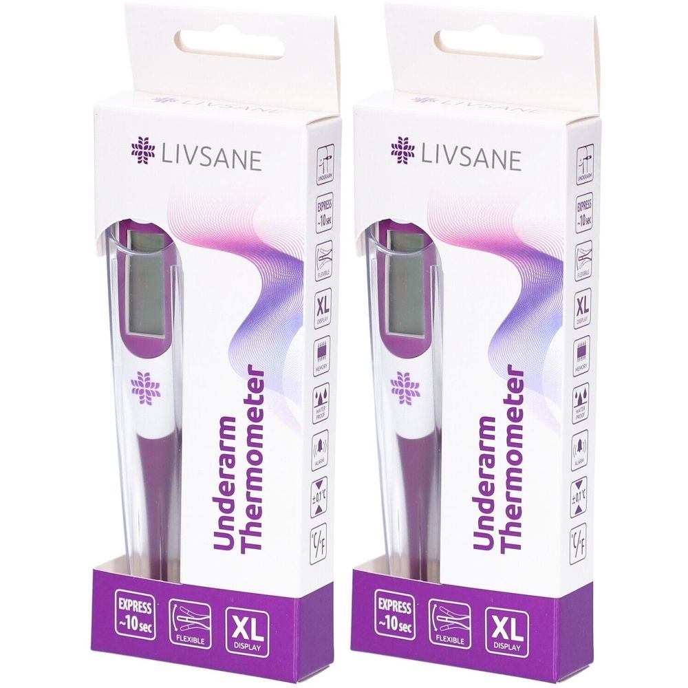 Twee thermometers in verpakking. XL-display, flexibel. LIVSANE-logo. Okselthermometer. Express -10 sec.