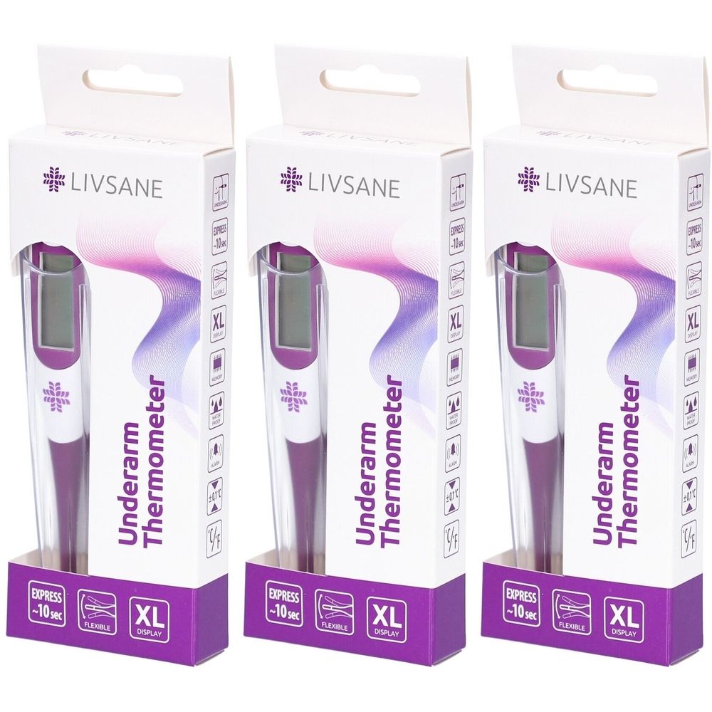 Drie thermometers in verpakking. Wit-paars ontwerp. XL-display, flexibel. LIVSANE logo. Opschrift: Underarm Thermometer.