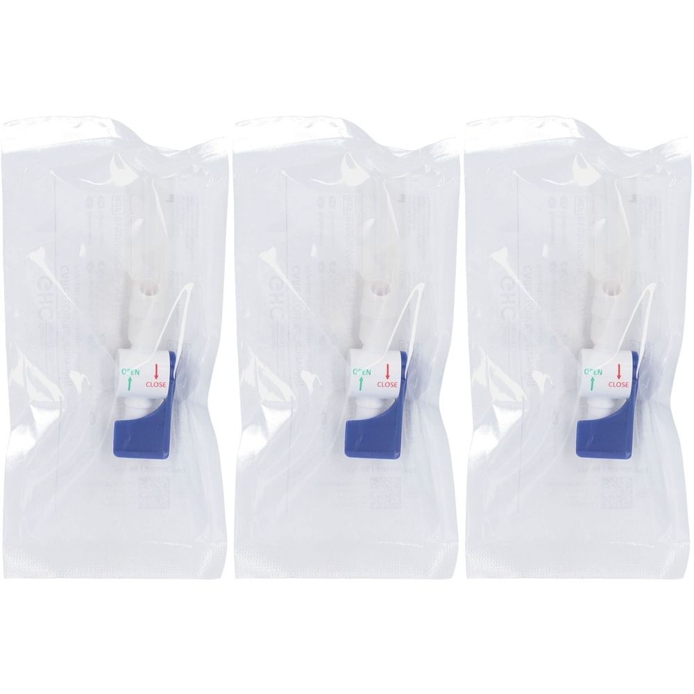 Trois valves de cathéter dans des sachets transparents. Chaque valve a un levier bleu avec des marquages verts et rouges.
