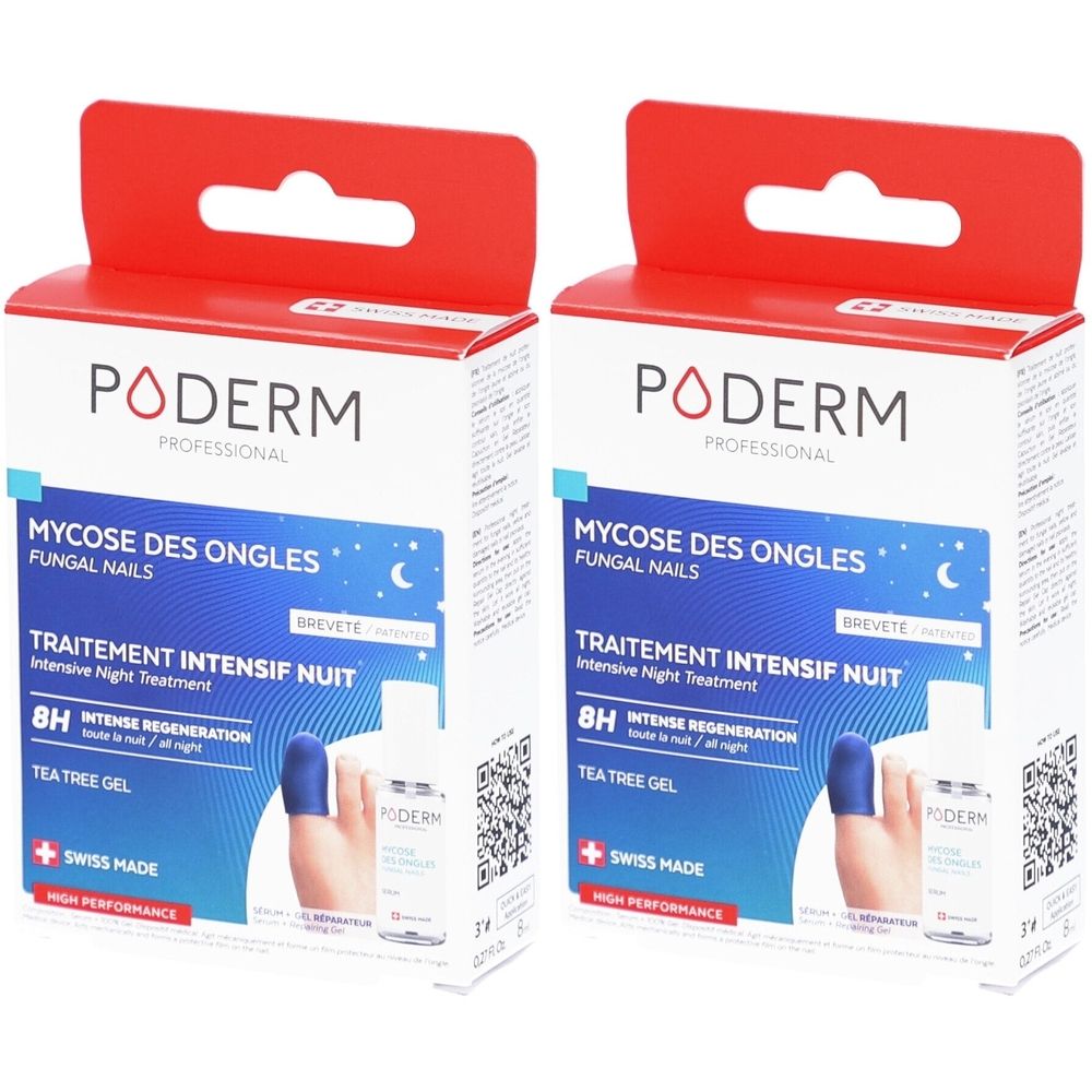 Twee dozen Poderm intensieve behandeling voor schimmelnagels. Witte dozen met rode hanger. Blauwe en witte belettering. Zwitsers kruis.