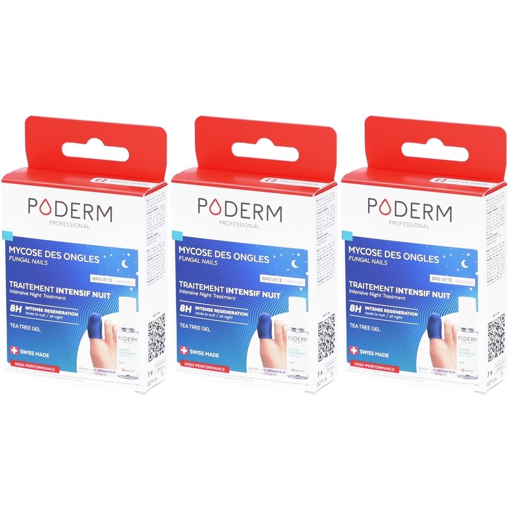Trois boîtes avec partie supérieure rouge. Inscription : PODERM, Mycose des Ongles, traitement des ongles. Produit suisse.