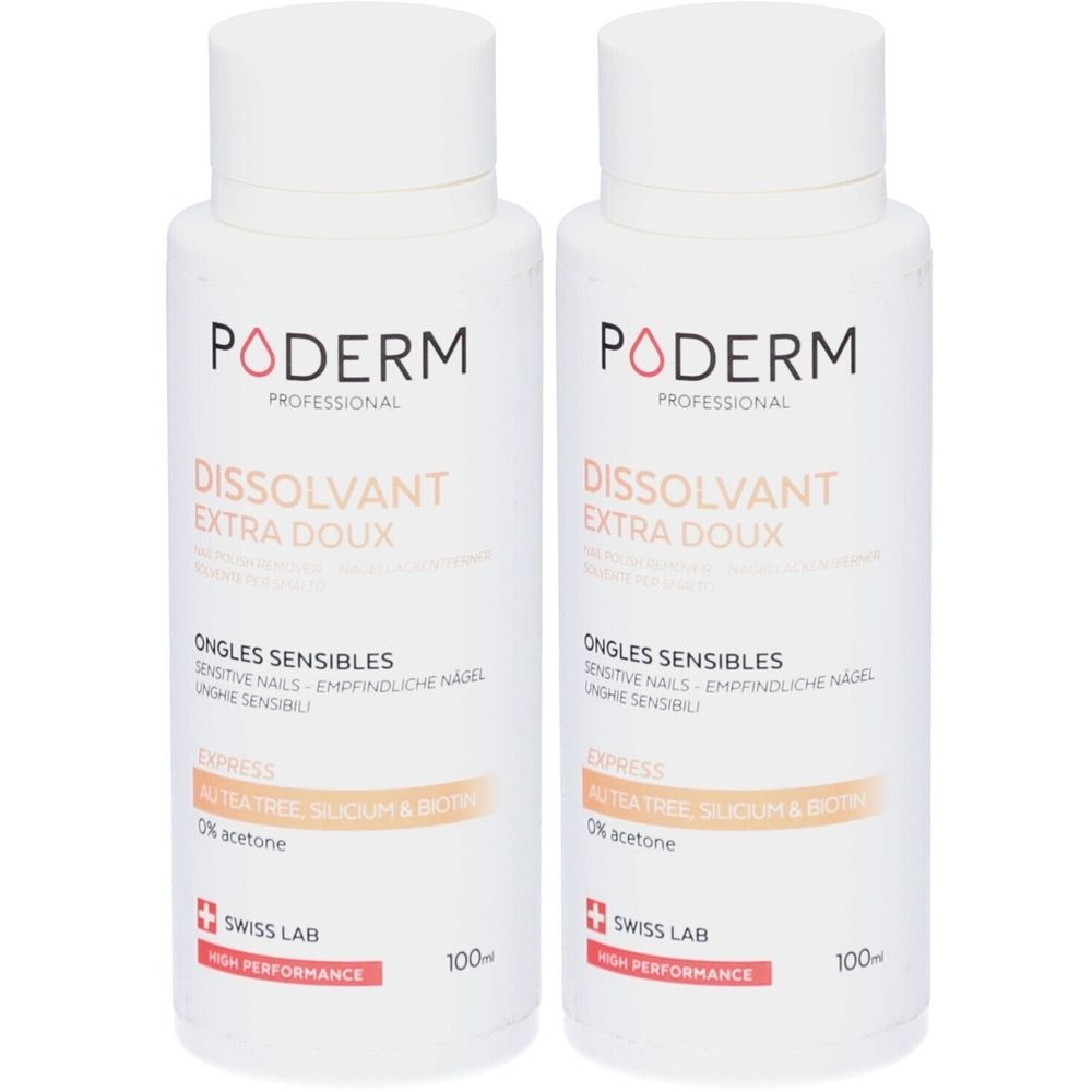 Twee witte flessen Poderm nagellakverwijderaar. Opschrift: DISSOLVANT EXTRA DOUX, voor gevoelige nagels. Swiss Lab.
