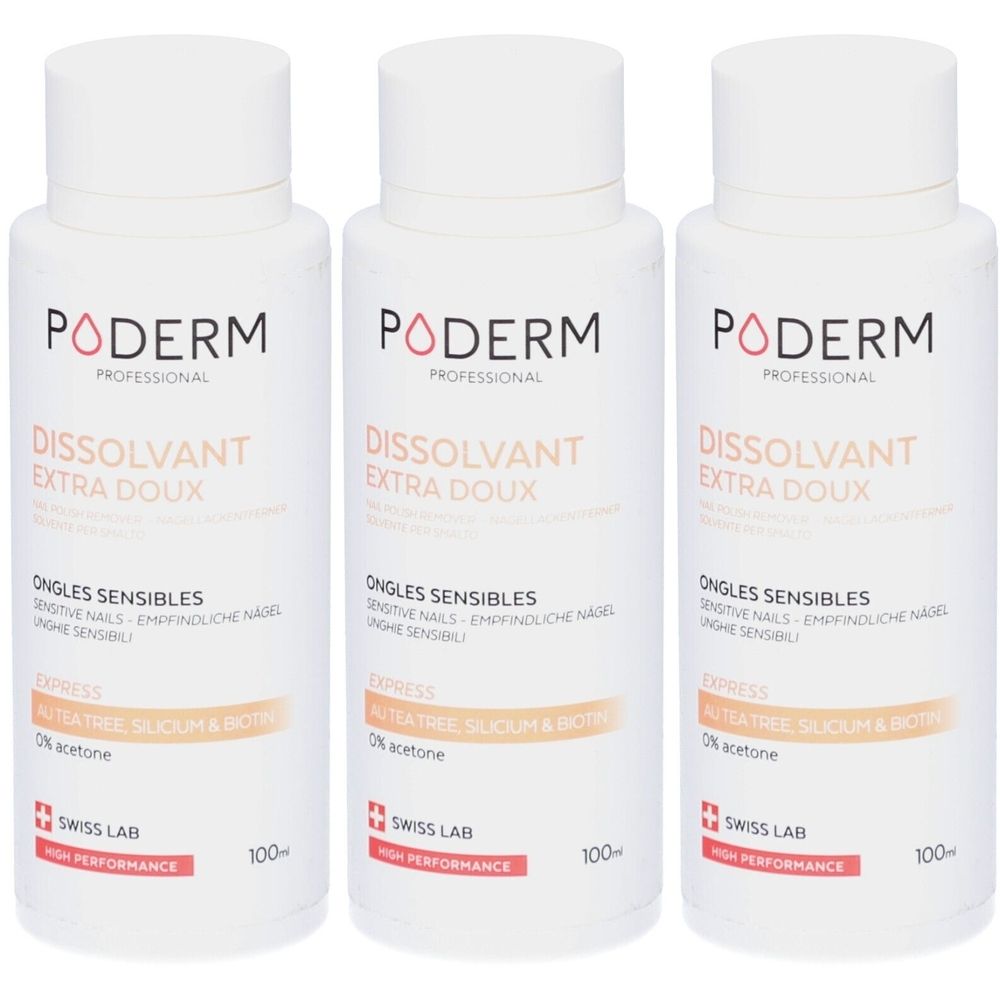 Drie flessen nagellakverwijderaar. Witte fles met witte dop. Opschrift: PODERM, DISSOLVANT EXTRA DOUX.