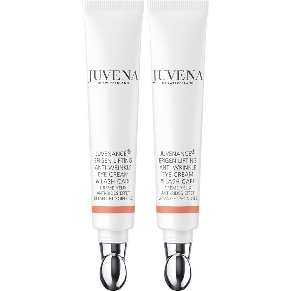 Twee tubes oogcrème. Wit, met zilveren applicator. Opschrift: Juvena, Juvenance Epigen Lifting Anti-Wrinkle Eye Cream.