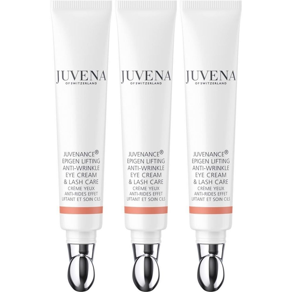 Drie tubes oogcrème. Wit, met zilveren applicator. Opschrift: Juvena, Juvenance Epigen Lifting Anti-Wrinkle Eye Cream.