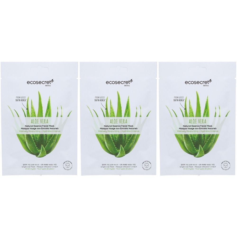 Drie witte zakjes met aloë vera gezichtsmaskers. Opdruk: ecosecret, Aloe Vera, Natural Essence Facial Mask.