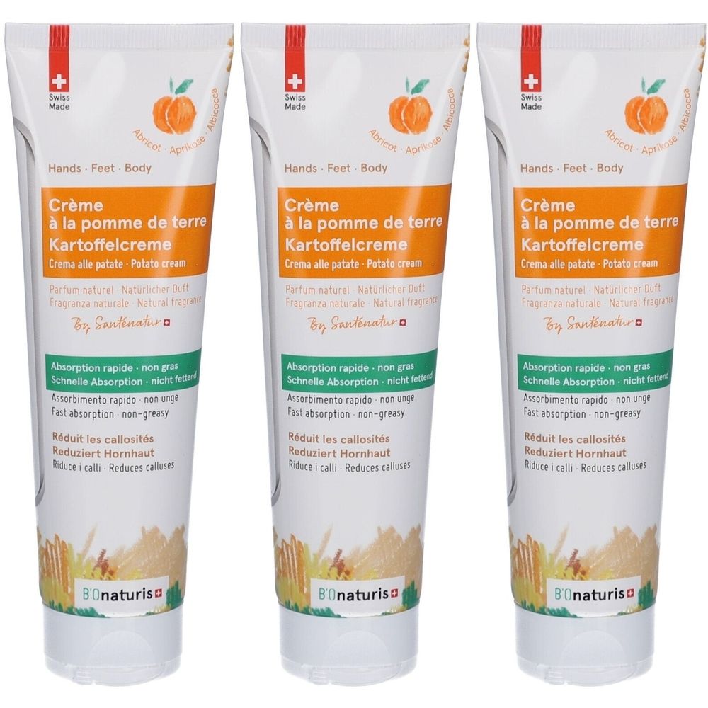 Trois tubes de crème. Inscription: Kartoffelcreme, croix suisse, abricot. Marque: BIOnaturis. Pour mains, pieds, corps.