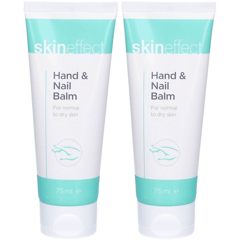 Twee tubes hand- en nagelbalsem. Wit, met turquoise accenten. Opschrift: Skineffect, Hand & Nail Balm, 75ml.