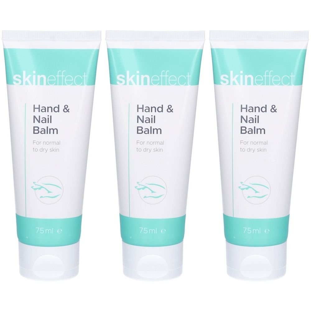 Drie tubes hand- en nagelbalsem. Wit, met turquoise accenten. Opschrift: Skineffect, Hand & Nail Balm, 75ml.