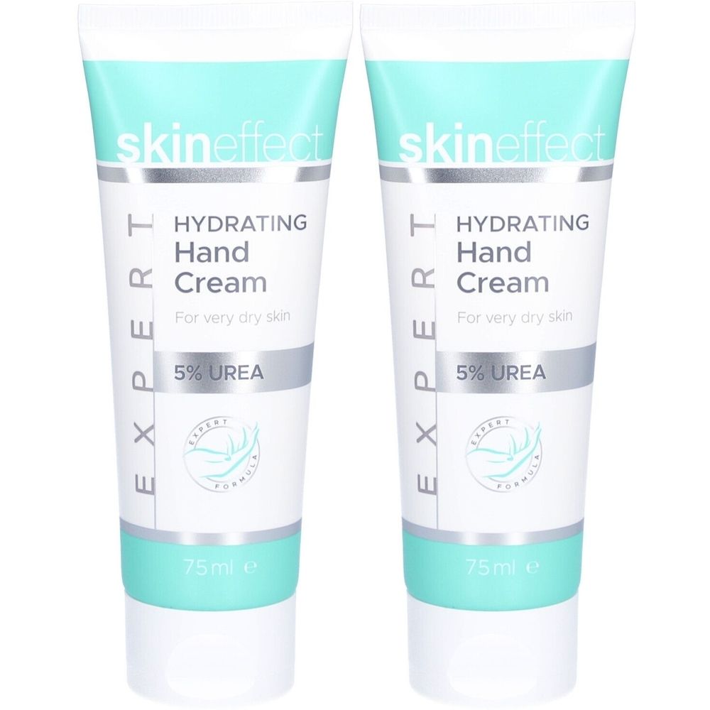 Twee tubes handcrème. Opschrift: skineffect, Hydrating Hand Cream, 5% Urea. Witte tube met turquoise en grijs. 75ml.