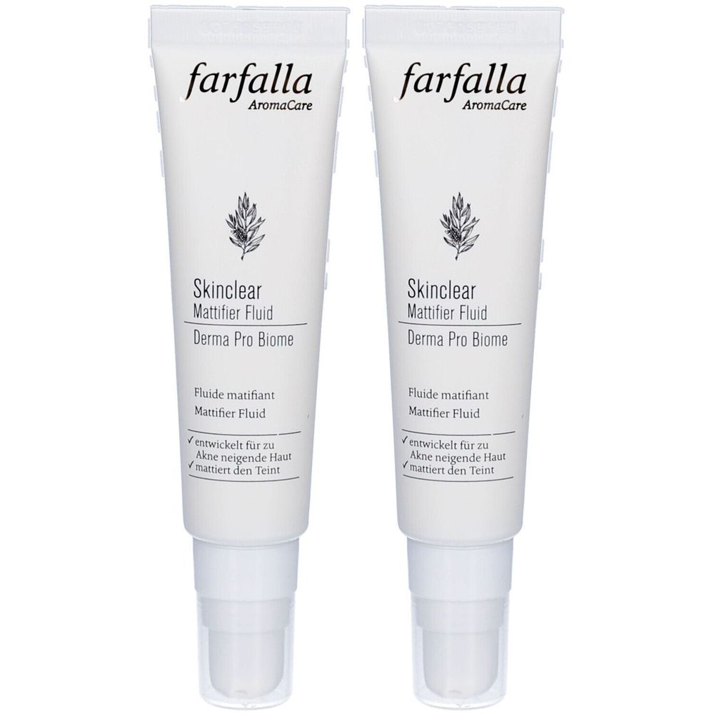 Twee witte tubes met tekst: farfalla AromaCare, Skinclear Mattifier Fluid, Derma Pro Biome. Tekst in het Duits en Frans.