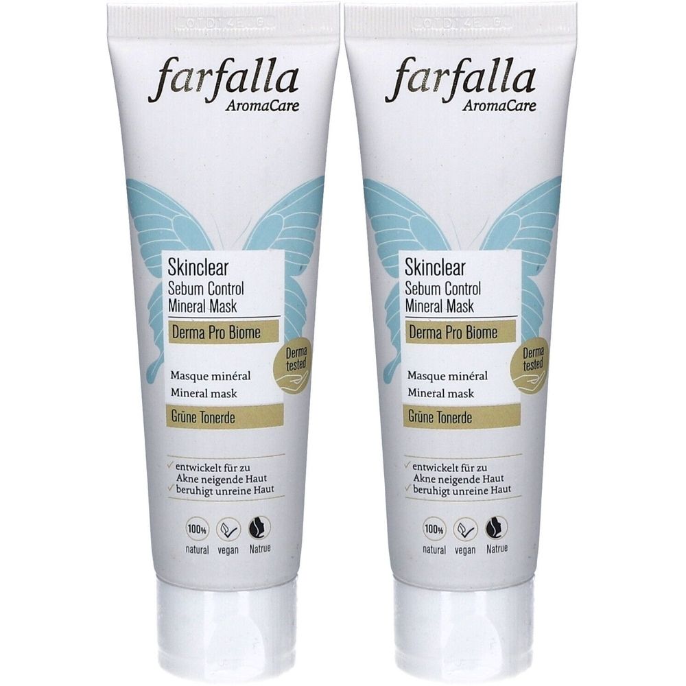 Deux tubes de masque Farfalla Skinclear. Tubes blancs avec nom du produit, motif papillon et logos. Texte: AromaCare, Derma Pro Biome.
