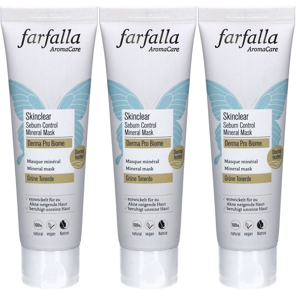 Trois tubes de masque minéral. Le texte visible indique "farfalla AromaCare Skinclear Sebum Control Mineral Mask".