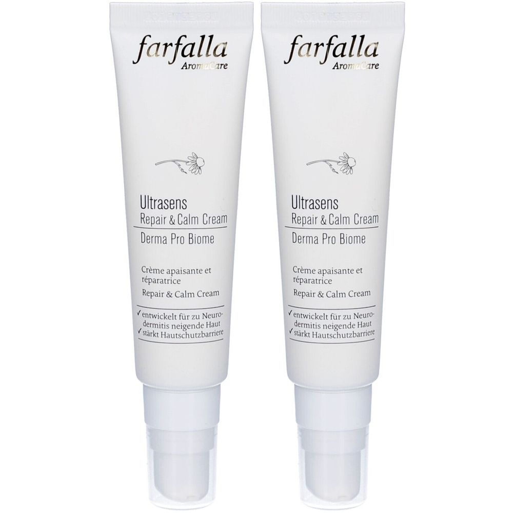 Deux tubes de crème Farfalla Ultrasens Repair & Calm. Tubes blancs avec texte et nom du produit. Avec bouchon à vis.