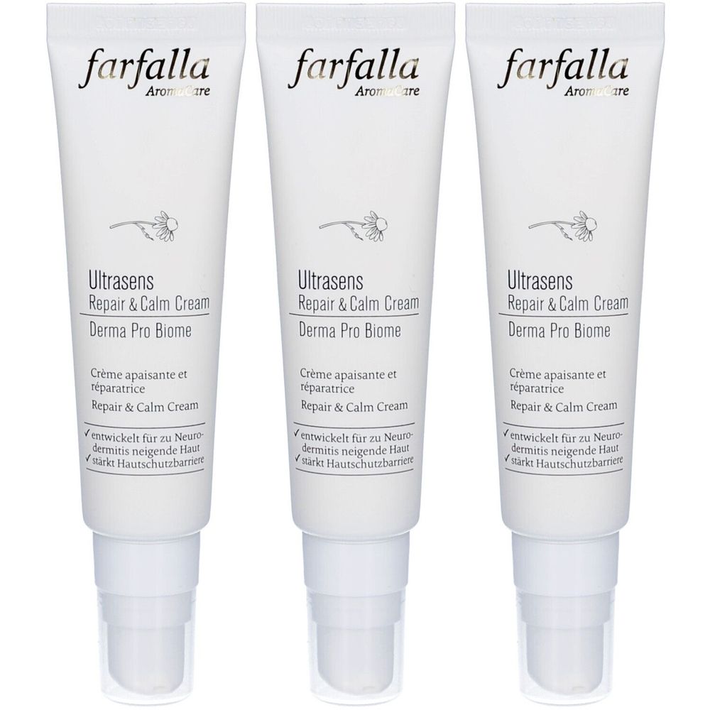 Trois tubes blancs avec impression du produit. Inscription: Farfalla Ultrasens Repair & Calm Cream. Avec tête de dosage.