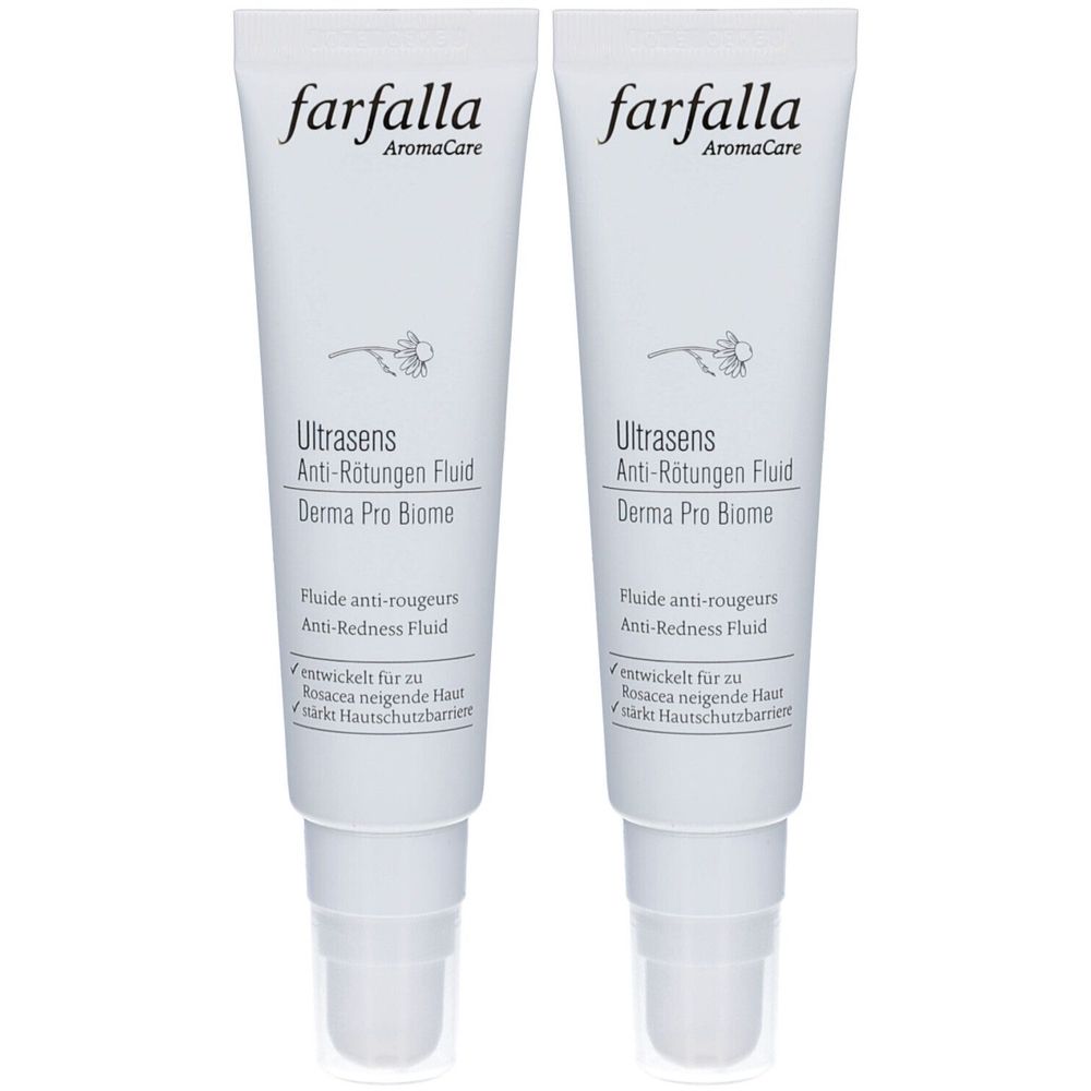 Twee witte tubes met tekst: farfalla, Ultrasens Anti-Rötungen Fluid, Derma Pro Biome. Opschrift: Anti-Redness Fluid.