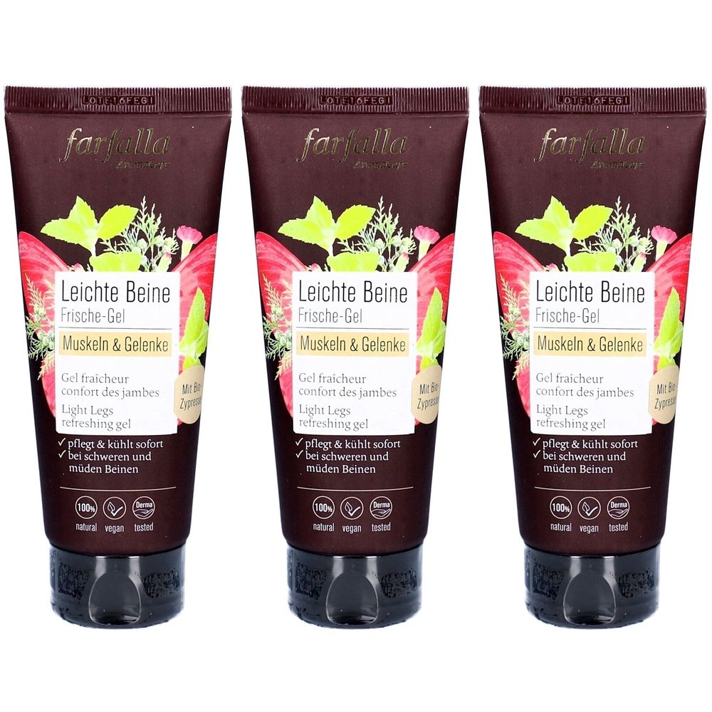 Drie tubes Farfalla Leichte Beine Frische-Gel. Bruine tubes met bloemmotief en productinformatie. Vegan zegel.