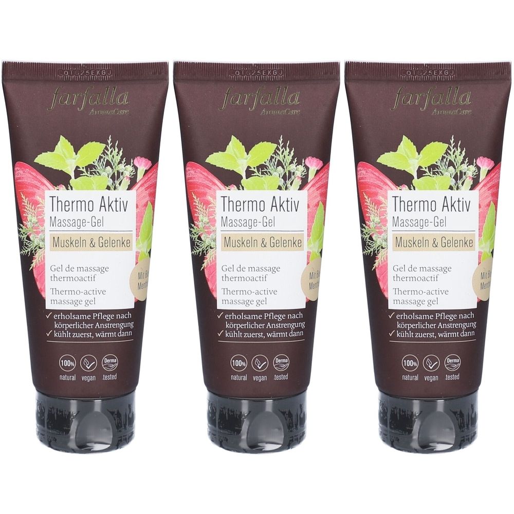 Drie tubes massagegel. Opschrift: Thermo Aktiv Massage-Gel, Muskeln & Gelenke. Met bloemmotief en logo.