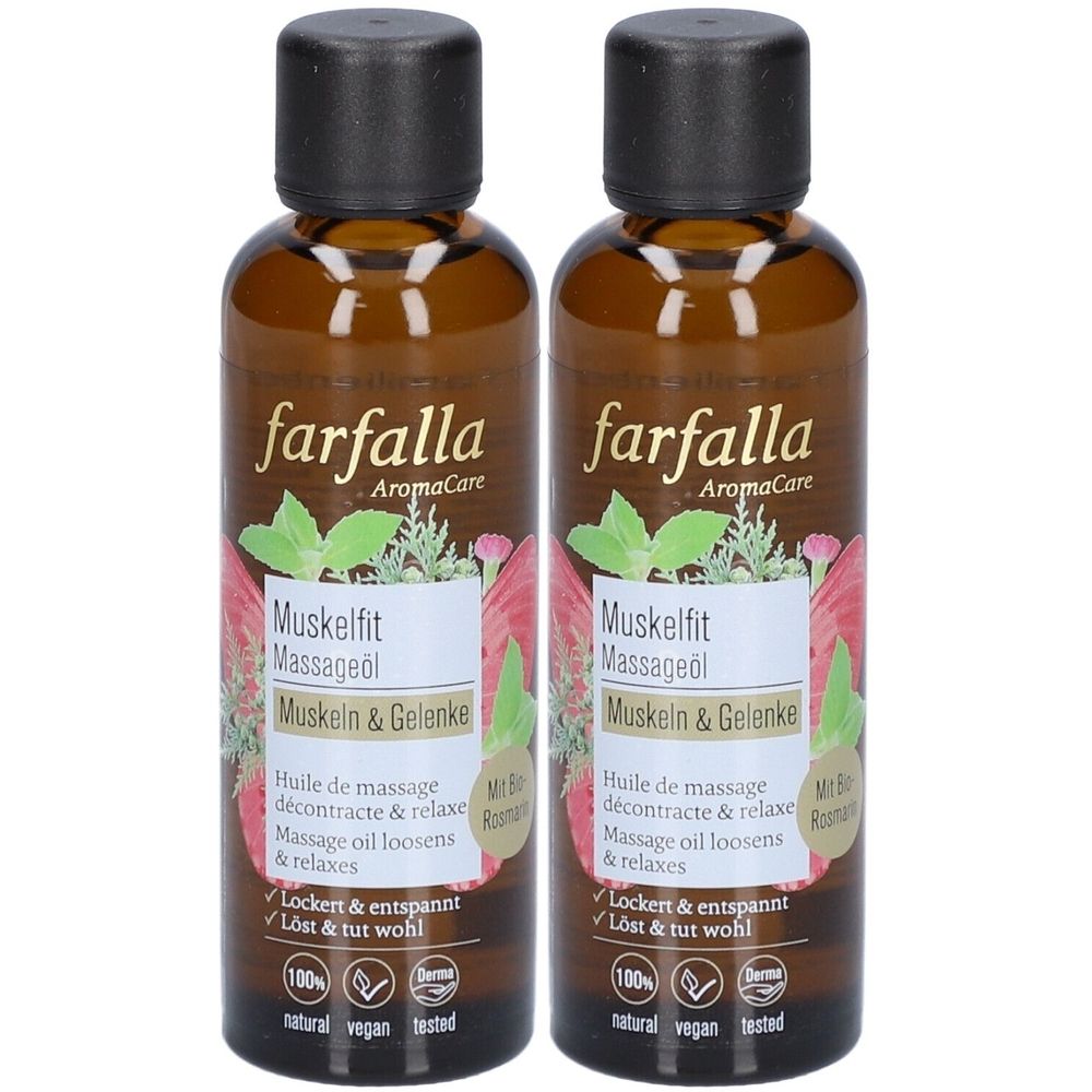 Twee bruine glazen flessen met zwarte doppen. Opschrift: Farfalla Muskelfit Massageöl. Etiket met bloemmotief en tekst.