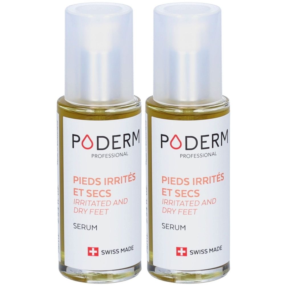Twee flessen Poderm serum. Opschrift: PIEDS IRRITÉS ET SECS, IRRITATED AND DRY FEET, SERUM. Swiss Made. Transparante vloeistof.