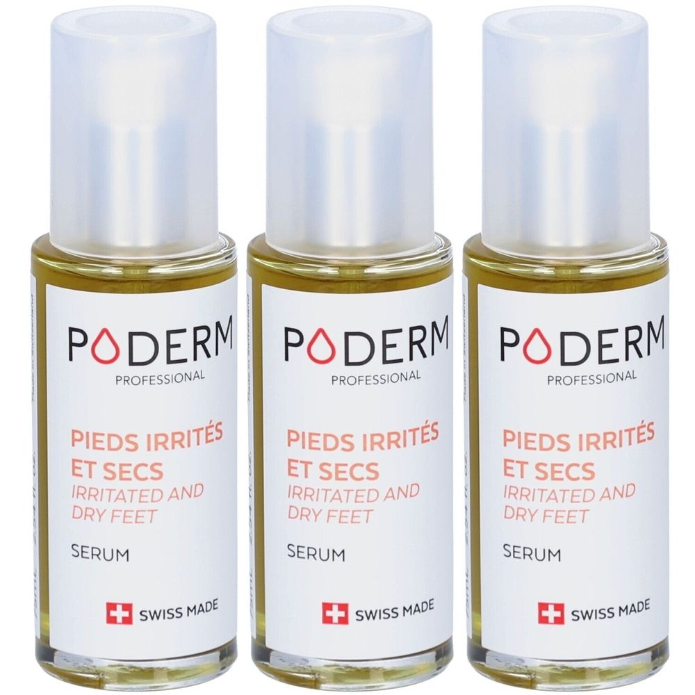Drie serumflessen. Opschrift: PODERM, PIEDS IRRITÉS ET SECS, IRRITATED AND DRY FEET, SERUM. Swiss Made.