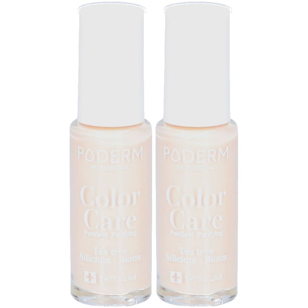 Twee nagellakflesjes met witte dop. Opschrift: PODERM Color Care, Tea tree, Biotine, Swiss Lab.