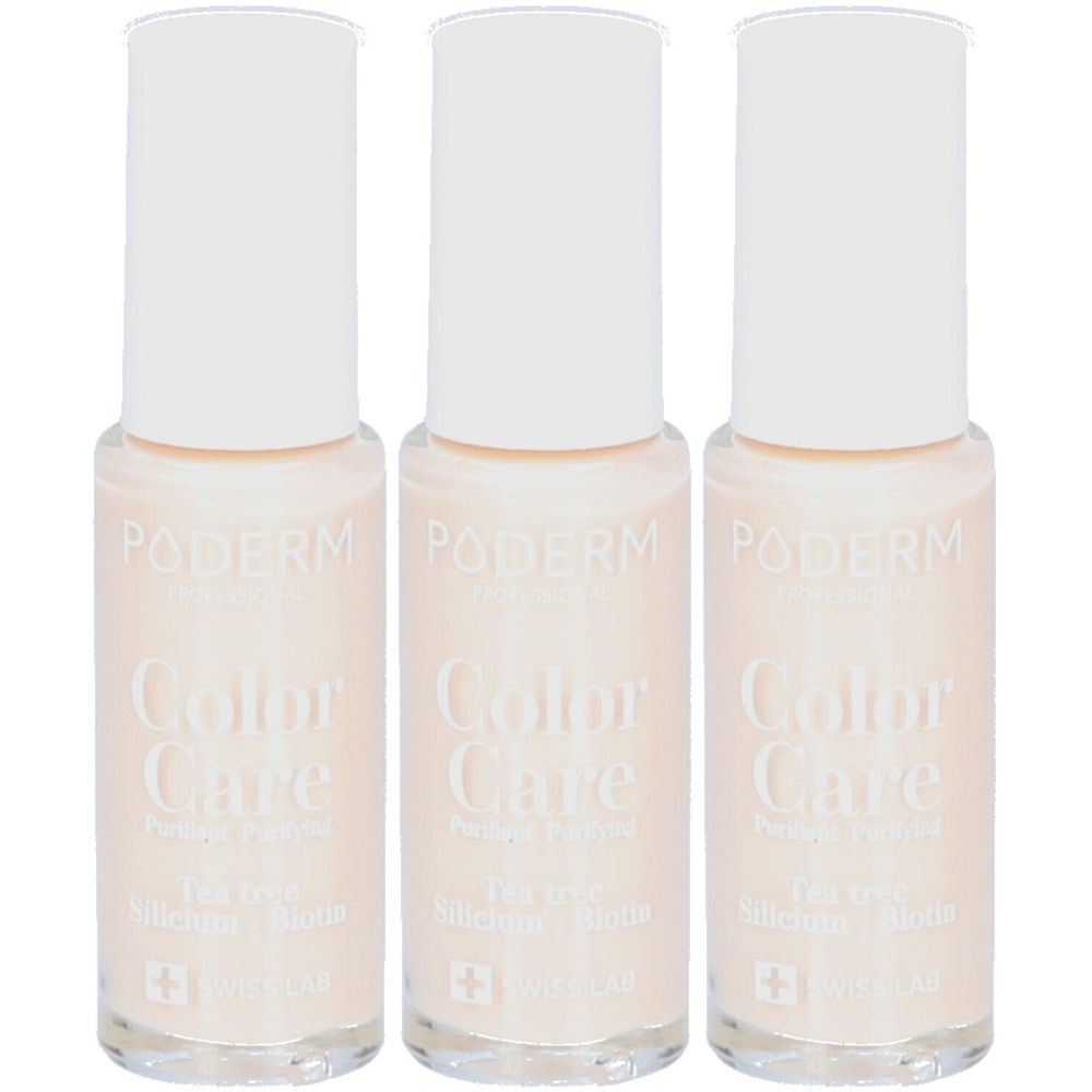 Drie flesjes PODERM Color Care nagellak. Nude rouge kleur. Witte dop. Tekst: Tea tree, Silicium, Biotine. Swiss Lab.