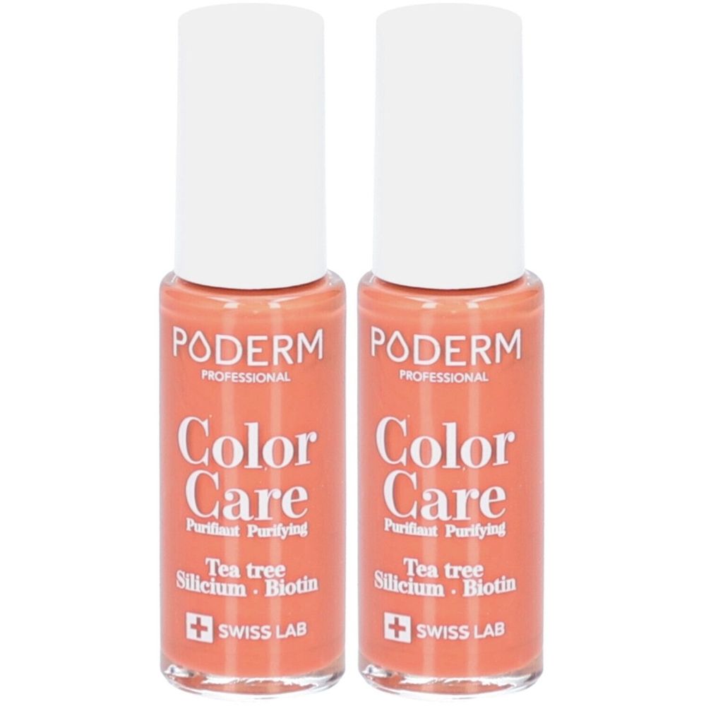 Twee flessen nagellak. Opschrift: PODERM Color Care, Tea tree, Silicium, Biotin. Swiss Lab logo.