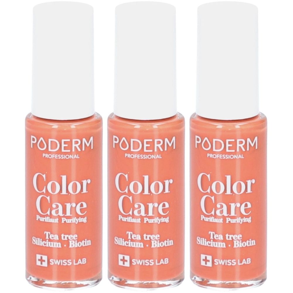 Trois flacons de vernis à ongles PODERM Color Care, couleur terracotta, bouchon blanc. Contient de l'arbre à thé et de la biotine. Swiss Lab.