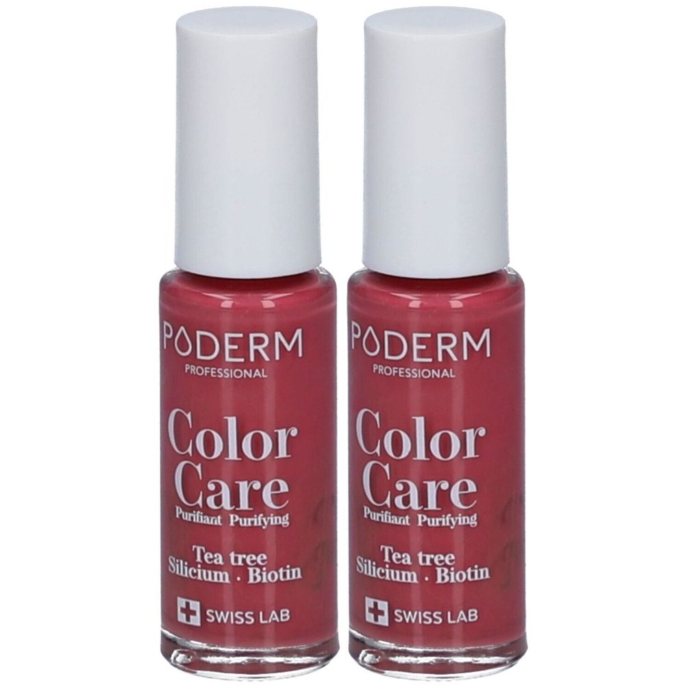 Deux flacons de vernis à ongles avec bouchon blanc. Inscription : PODERM Color Care, Tea tree, Silicium, Biotin. Swiss Lab.