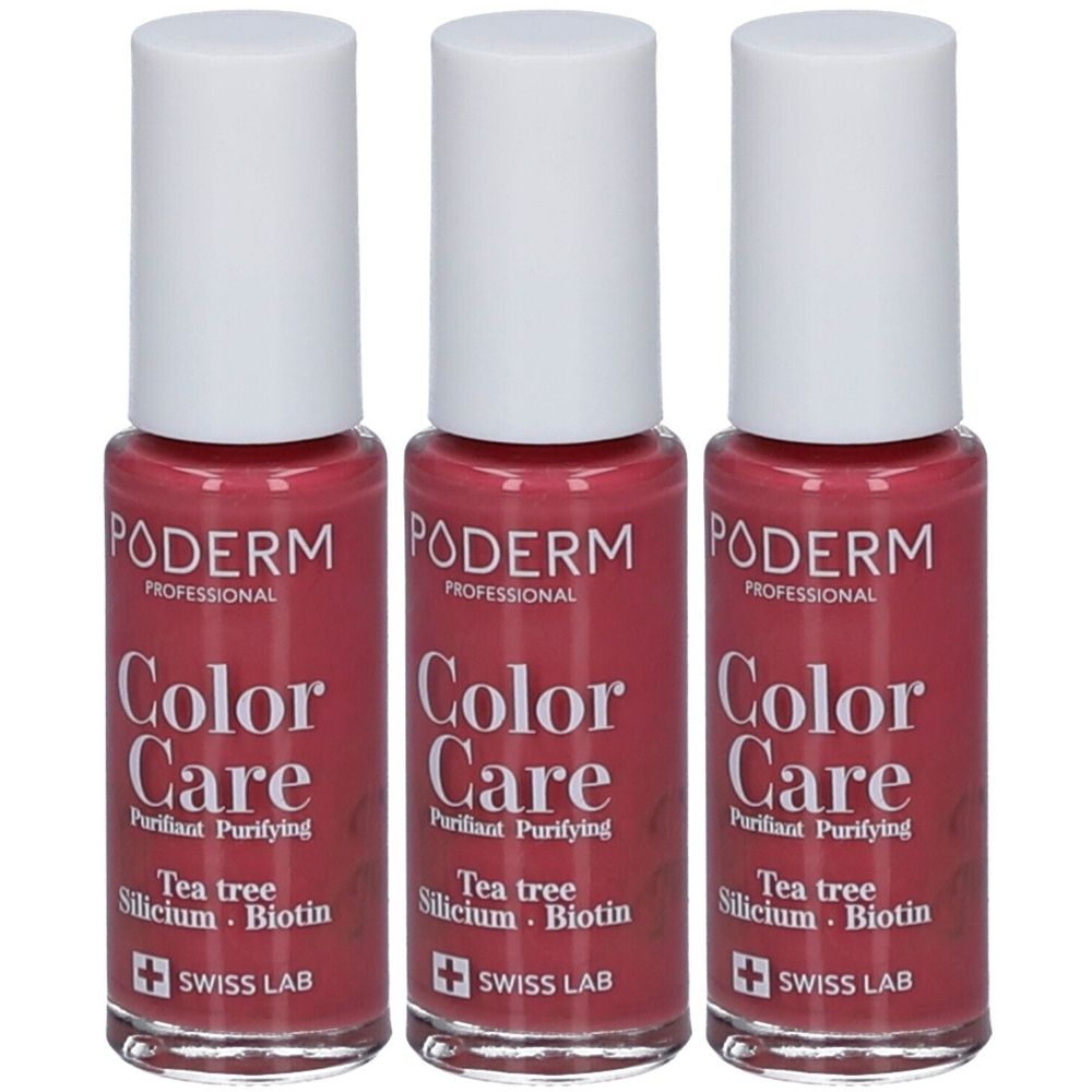 Trois flacons de vernis à ongles. Couleur rose, bouchon blanc. Inscription : PODERM Color Care, Tea tree, Silicium, Biotin. Swiss Lab.