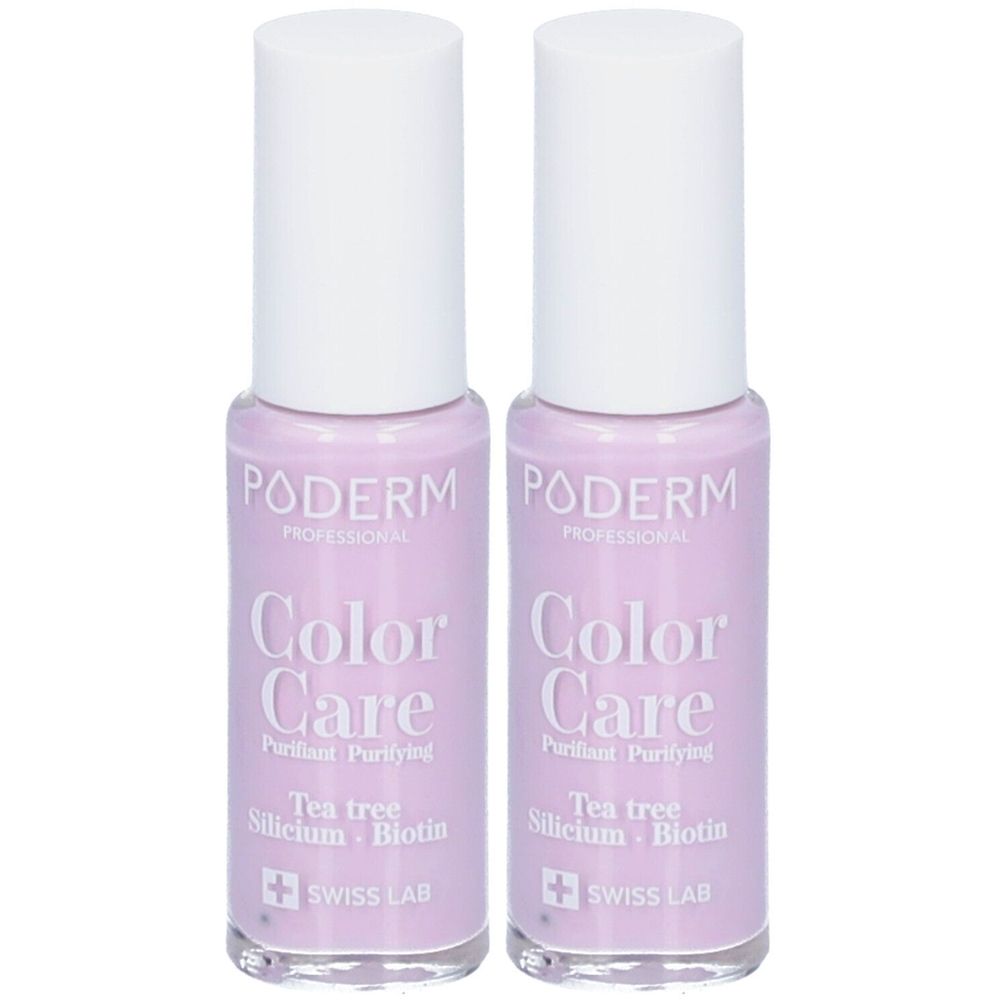 Deux flacons de vernis à ongles PODERM Color Care. Couleur lilas clair, bouchon blanc. Inscription: Tea tree, Silicium, Biotin, Swiss Lab.