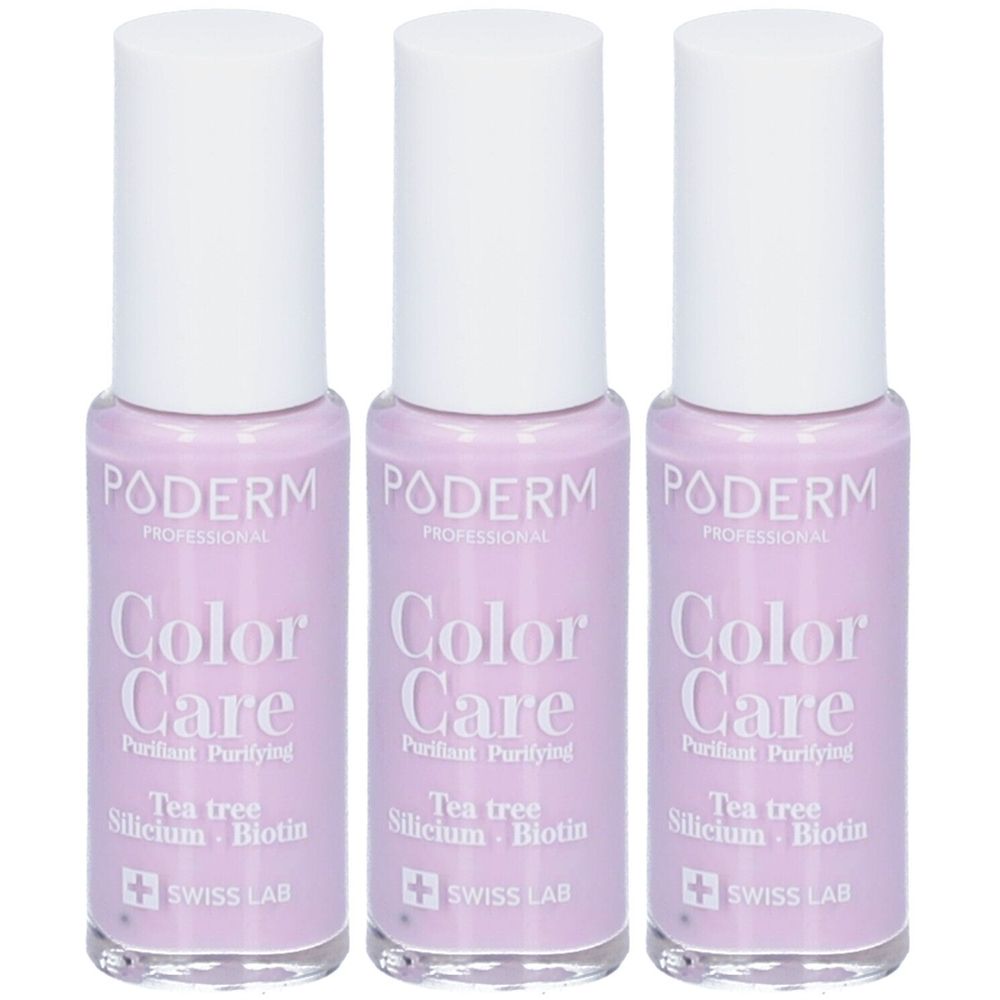 Trois flacons de vernis à ongles PODERM Color Care. Flacons lilas clair avec bouchons blancs. Ingrédients : Tea tree, Silicium, Biotin. Logo Swiss Lab.