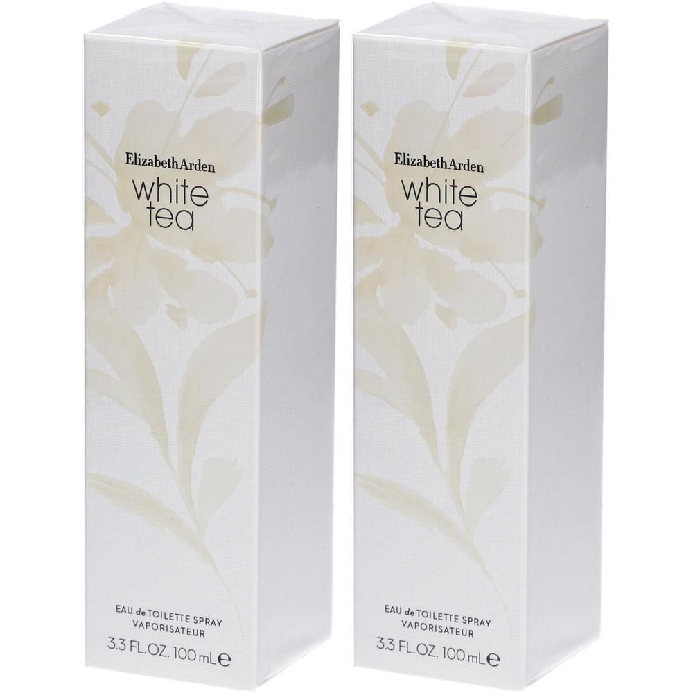 Twee rechthoekige verpakkingen van Elizabeth Arden White Tea. Wit met bloemmotief en productnaam.
